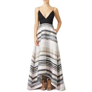 Badgley Mischka Neutral Black Striped Hi-Low Jacquard Dress Gown 6, Ret $1,100